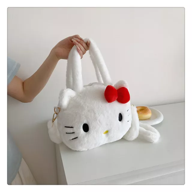 Cute Women Girls Red Bow Hello Kitty Handbag Soft Plush Travel Storage Bag Gifts