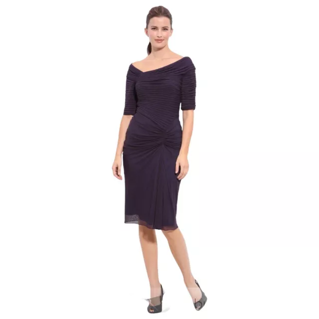 Tadashi Shoji Purple Asymmetrical Ruched Mesh Midi Cocktail Dress Wedding Guest