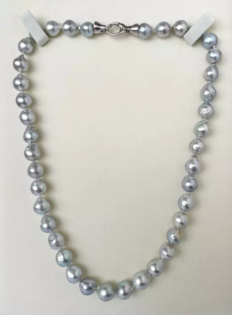 8.6-9.6mm Baroque silver blue Akoya pearl Necklace sterling silver Clasp,17.5"