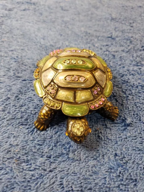 Jeweled Rhinestone Metal Enamel Jewelry Keepsake Trinket Box Sea Turtle Figurine