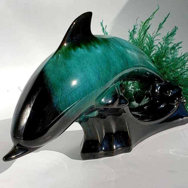 Blue Dolphin Figure Statute Art Black Mint Green Metallic Sculpture