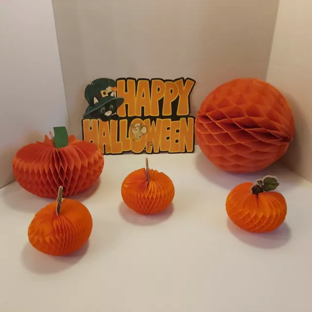 Vtg 1960s Beistle Co Crepe Paper Accordion Pumpkins Hallmark Happy Halloween...