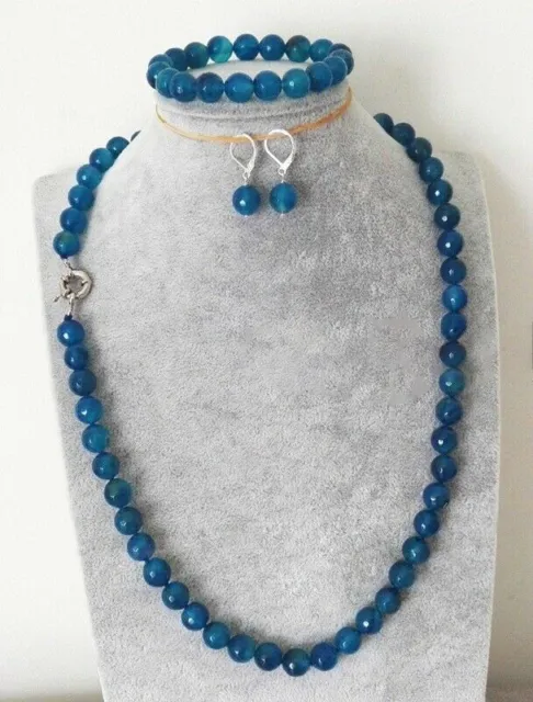 8mm Natural Blue Agate Gemstone Round Beads Necklace Bracelet Earrings Set 18''
