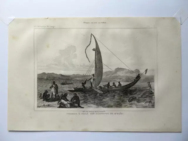 ANTIQUE ENGRAVING 19th century - SAILING CANOE OF THE INHABITANTS OF O-TAITI