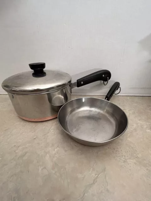 Revere Ware 2 Qt Sauce Pan Pot Lid & Small Skillet Copper Bottom Process Patent