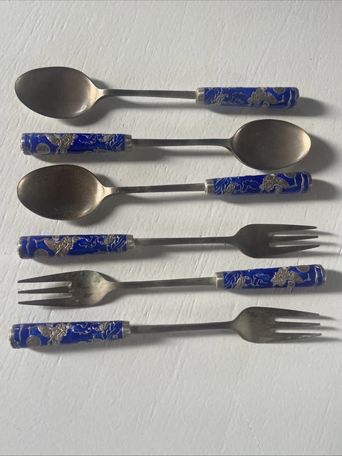 SÉRIE DE CUILLÈRES Fourchette Chinoise Argent Massif ? Émaillé AG 700 + 999 EUR 29,90 - PicClick FR
