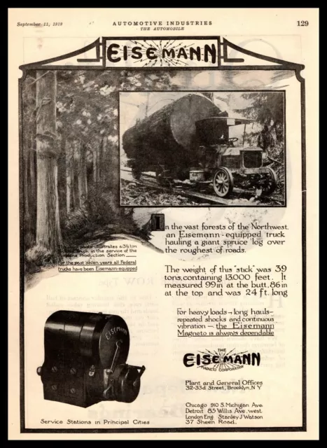 1919 Eisemann Magneto Equipped Logging Truck Brooklyn New York Vintage Print Ad