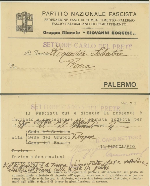 Palermo -Partito Nazionale Fascista Gruppo Rionale Giovanni Borgese
