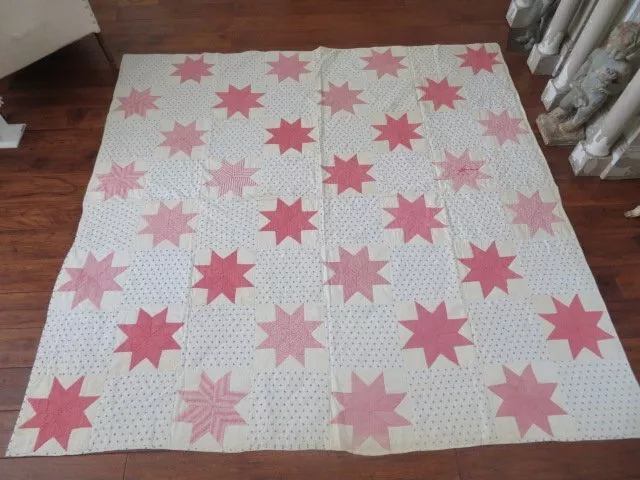 BEAUTIFUL Old Antique QUILT 32 STAR Pattern Hand Stitched PINK WHITE BLUE