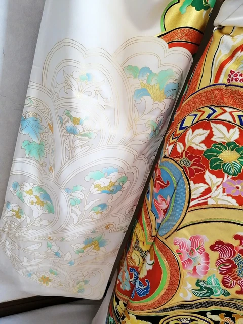 Japanese Kimono Silk FURISODE Floral Gold leaf Embroidery White kimono only 6