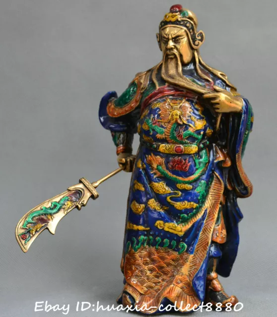 Cloisonne Enamel bronze Gilt knife Dragon Guan Yu Warrior God Wealth Statue