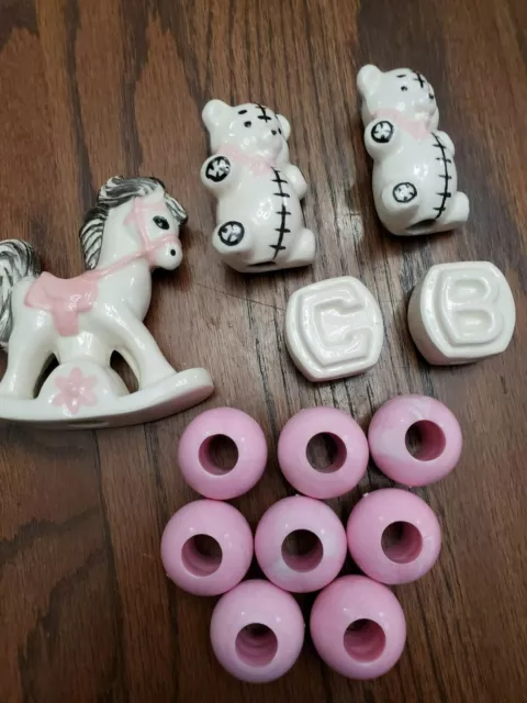 Vintage LOT of 13 Macrame BEADS - Pink White Bears Horse Ceramic/Plastic-Baby EC