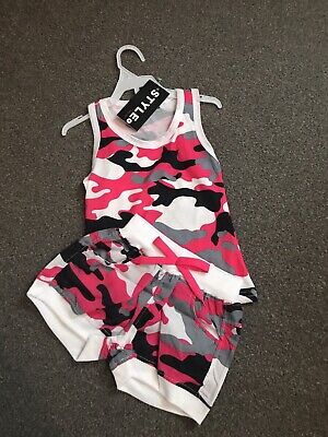 Girls Camouflage Lounge Set Active Wear Shorts Vest Top Pink Age 7-8 Years NWT