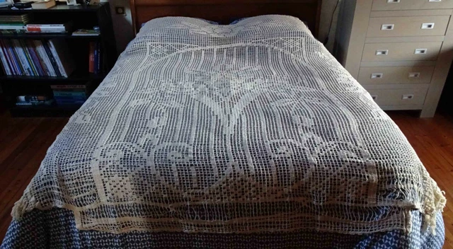 LINGE ANCIEN COUVRE Lit piquet De Mariage Blanc brodé main avec
