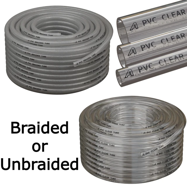 BRAIDED OR UNBRAIDED PVC Tube Tubing Pipe All Sizes & Lengths Clear