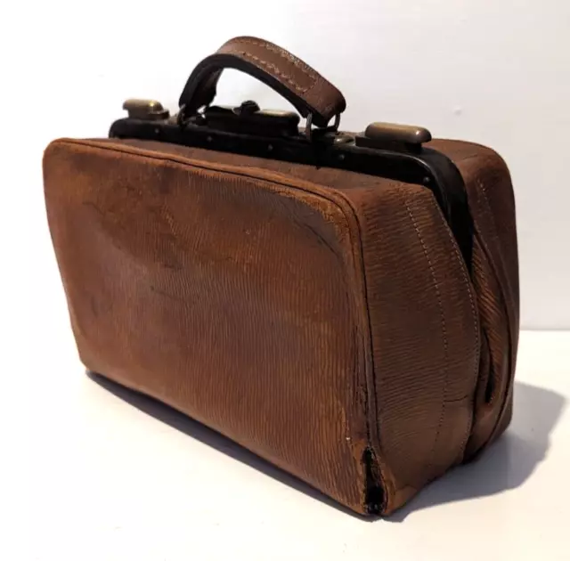 Antique Leather & Brass Hinged Gladstone Doctors Bag - c.1930