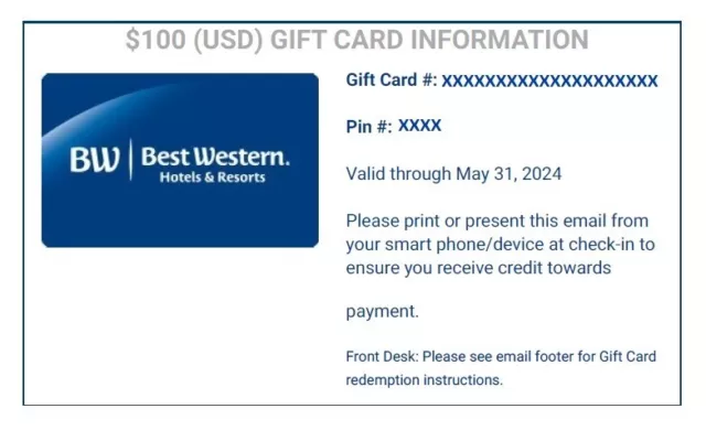 $100 Best Western Hotels & Resorts Gift Card