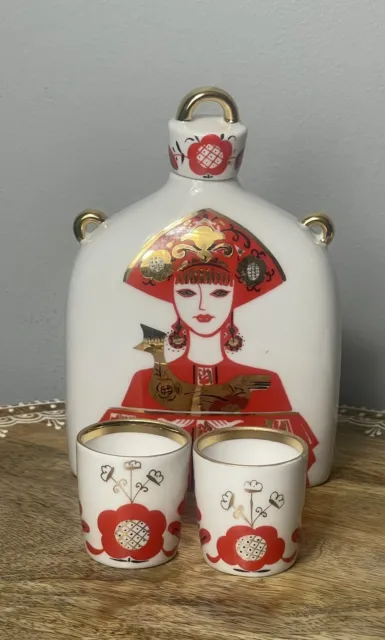 Lomonosov Russia Porcelain Decanter With Shot Glasses Red & Gold Lady & Rooster