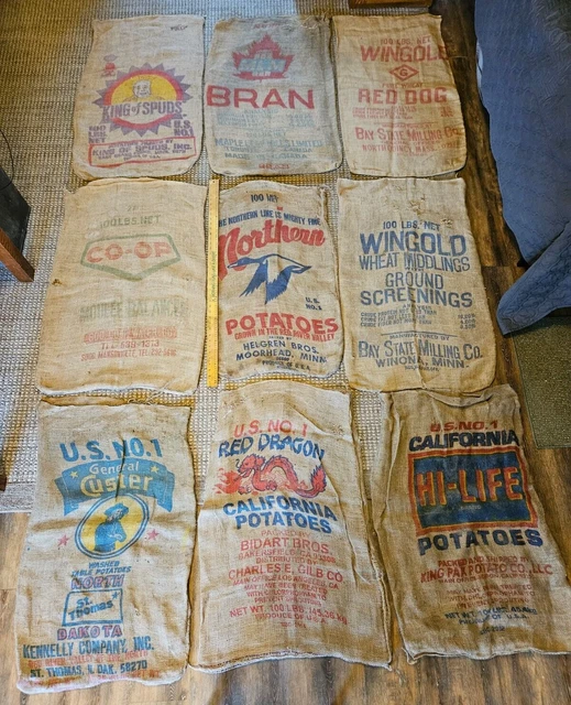 9 Vtg Various 100 Lb. Burlap Gunny Sacks Feed Bags