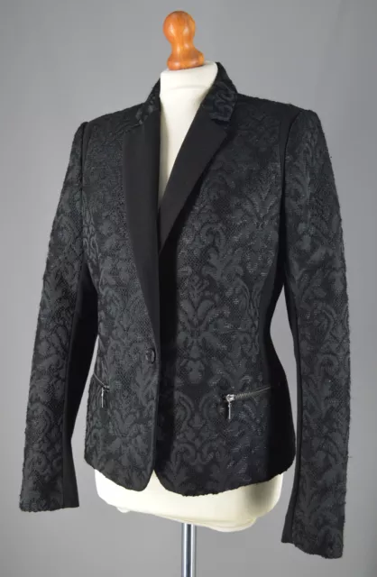 Ladies Reiss Black Brocade Blazer Jacket Size M UK 10 / 12