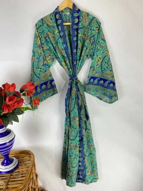 INDIAN HANDMADE SILK Kimono Robe Long Viscose Night Wear Floral ...