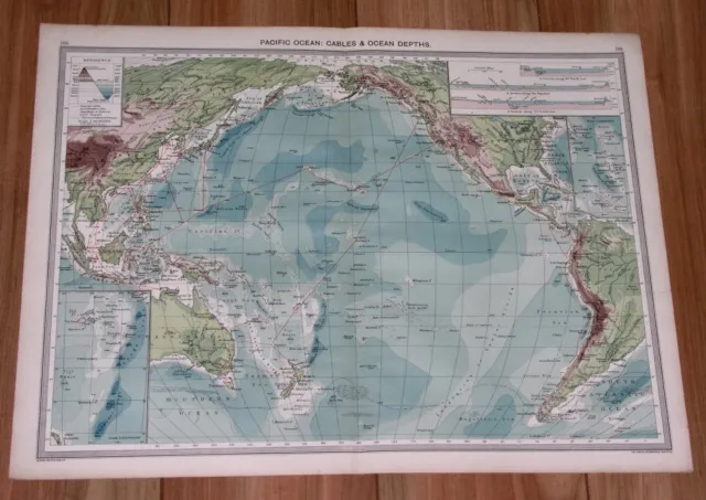 1908 Antique Physical Map Of Pacific Ocean Oceania Hawaii Australia America