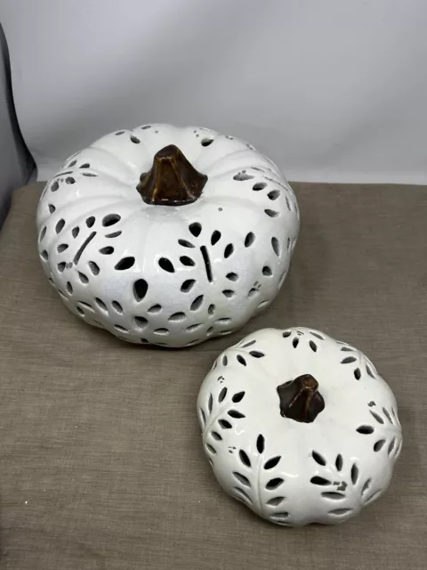 Pottery Barn Filigree Ceramic Punched White Pumpkins Luminary Fall Harvest