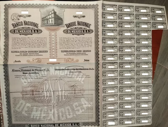 Mexico 1935 Bank Banco Nacional Umbrella Banamex $ 50 Pesos Coupons Bond Accion