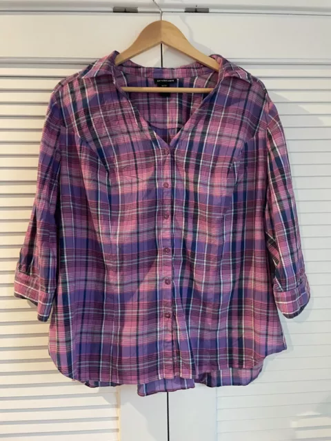 Womens Lane Bryant 18/20 Plaid Button Down V-neck  Top With 3/4 Roll Up Sleeve