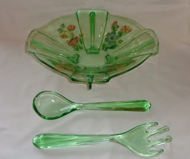 Art Deco Bright Green Sowerby Glass Bowl- salad servers spoon and fork Pat 2631