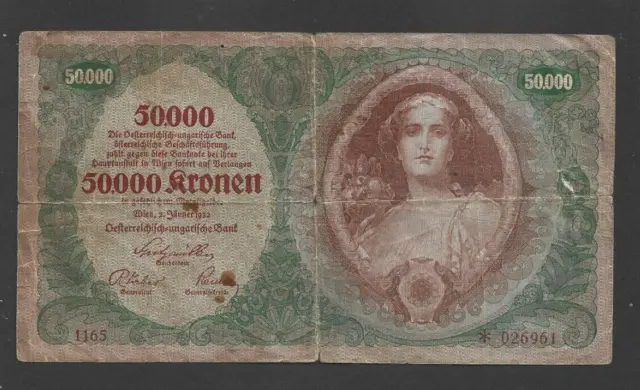50 000 Kronen Vg  Banknote From  Austria 1922  Pick-80 Rare