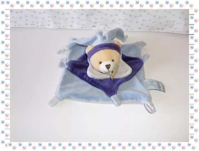 ① - Doudou Plat Ours Tons de Bleus Blanc Bonnet  Doudou et Compagnie