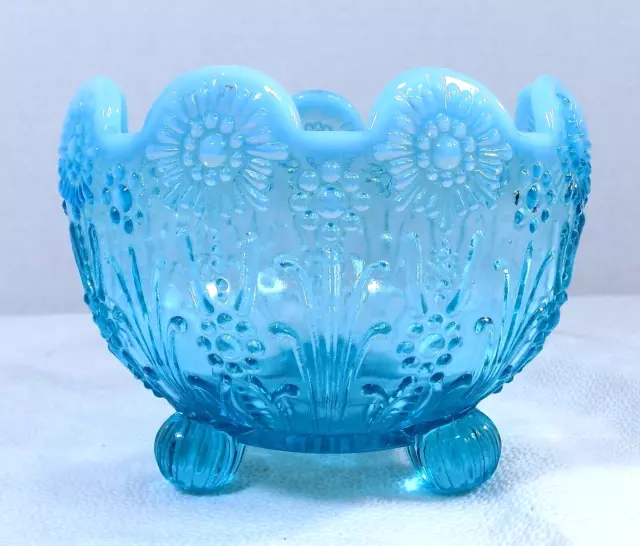 Northwood 1900's Glass Pearl Flowers Blue Opalescent Footed Rose Bowl