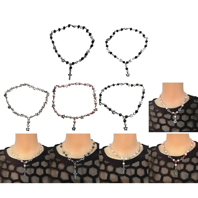 Handmade Gothic Rosary Choker Necklace Retro Style Hollow Pendant Neckchains