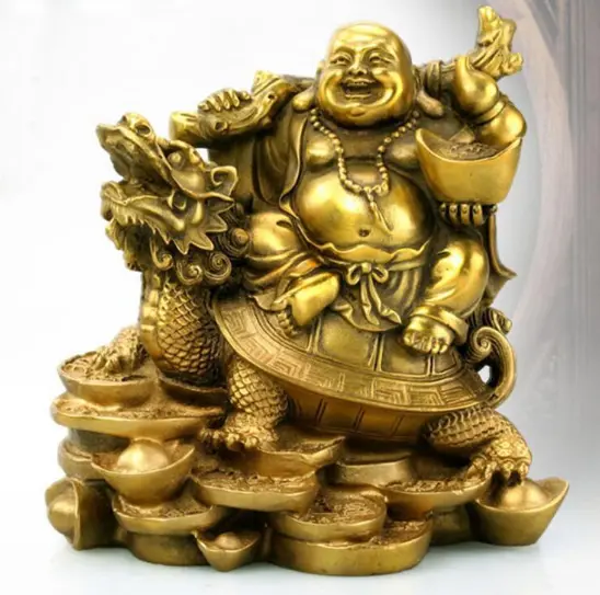Chinese Copper Wealth Money Happy Laugh Maitreya Buddha On Dragon Turtle Statue