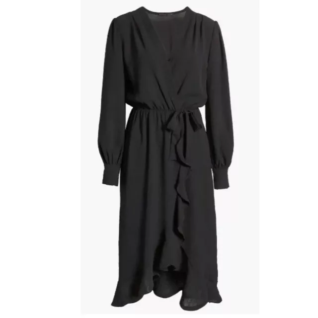 Fraiche by J Faux Wrap Ruffle Long Sleeve Dress, Black, Sz. L