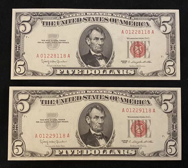 1963 $5 FIVE DOLLAR RED SEAL  Uncirculated!! Lot of 2) Check Out Serial #’s!