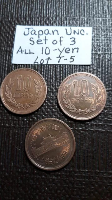 Japan Money  Set of 3 Japanese coins All  10 Yen  Unc.  Lot T-5