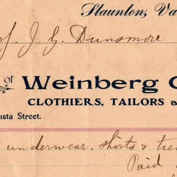 1907 Scarce Weinberg Clothing Co. Tailors Billhead Letterhead Staunton, VA