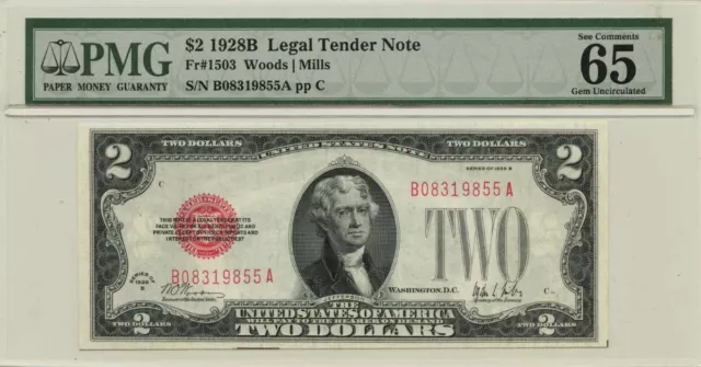 1928B $2 Legal Tender Red Fr# 1503 PMG Gem 65 EPQ