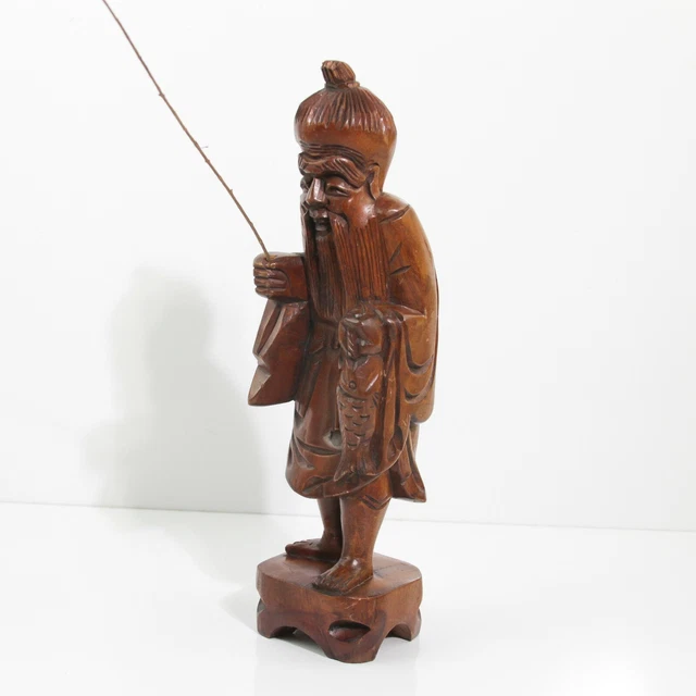 Unique Vintage Asian Hand Carved Boxwood Wood Asian Fisherman Figurine 12" Tall
