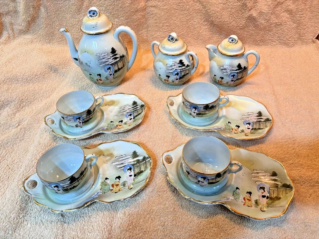 ANTIQUE JAPANESE EGGSHELL Porcelain Tea Set Hand Painted Geisha