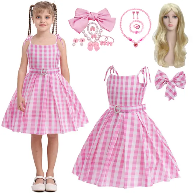 Kids Girls Barbi Costume Princess Party Fancy Dress Pink Tartan Skirts Wig Bags