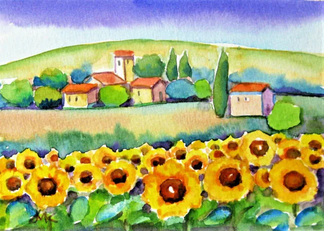 Sunflower Field Tuscany Italian Landscape Original Watercolor  Painting Signed