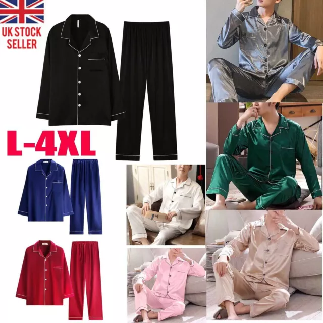 Mens Silk Satin Pajamas Pyjamas PJs Set Long Sleeve Shirt Tops + Pants Sleepwear
