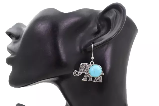 Femme Earrings Set Argent Métal Éléphant Indien Bijoux Bleu Turquoise Perles