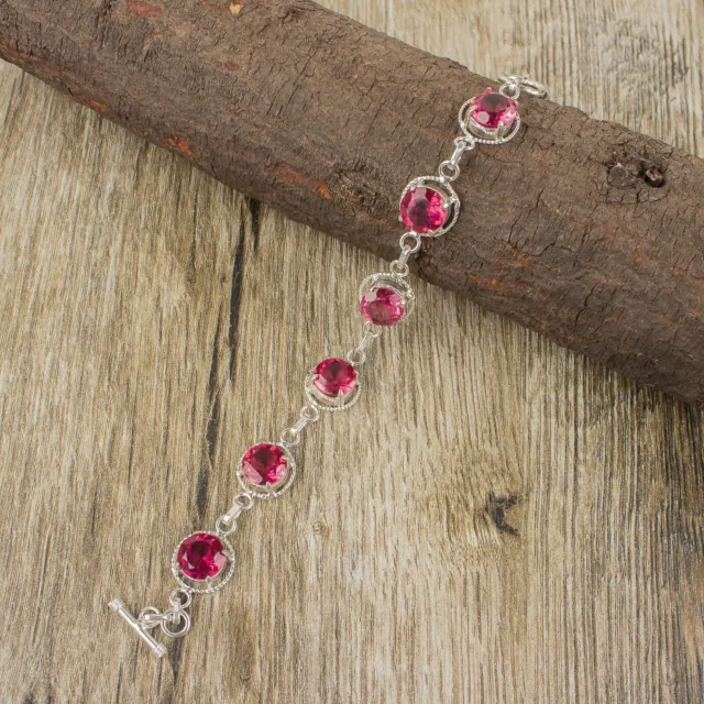 Gift For Her 925 Sterling Silver Natural Pink Tourmaline Gemstone Chain Bracelet