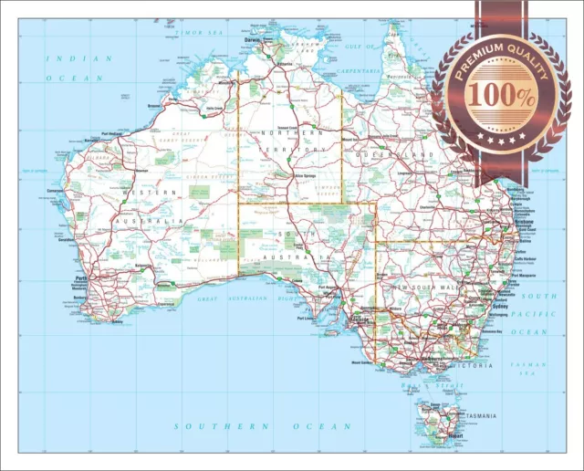 Detailed Map Of Australian Roads Australia Aus Atlas Wall Print Premium Poster