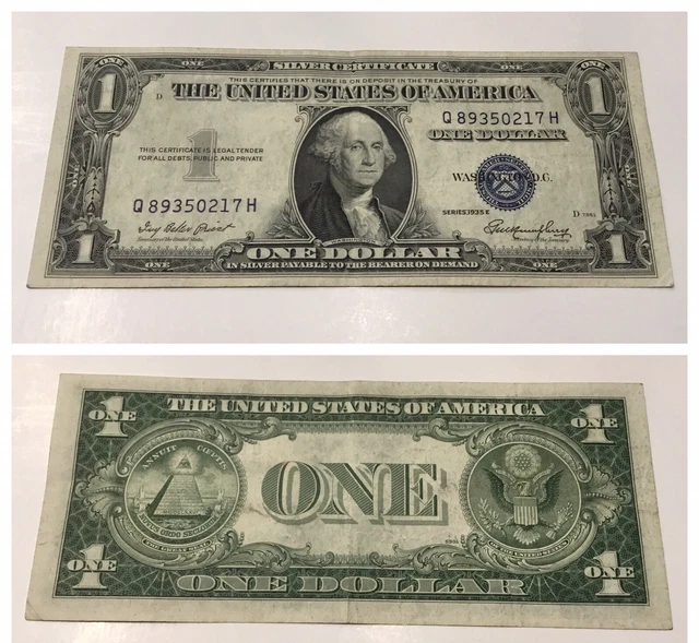 VINTAGE one DOLLAR 1935-E $1 SILVER CERTIFICATE BLUE SEAL BILL WASHINGTON $1.00