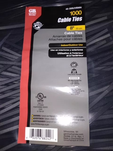 1000 Pack, Gardner Bender 46-308UVBMN Doublelock Cable Tie 8" - 75lb. UV Black